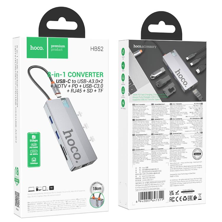 hoco HB52 Wow Type-C to HDTV, RJ45, PD, Type-C, 2xUSB3.0, SD, TF Card 8 in 1 Multi-function Converter - Dark Gray