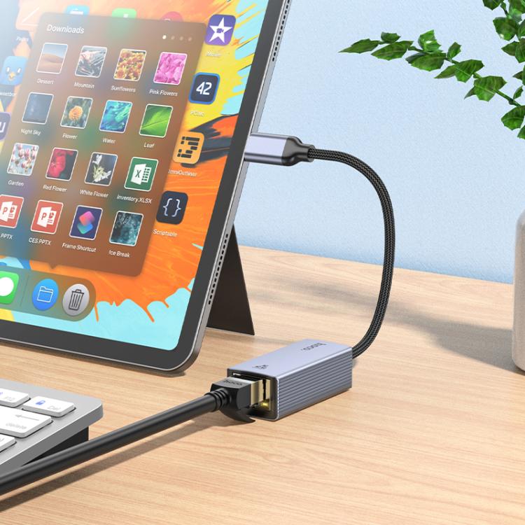 hoco UA37 1000 Mbps USB-C / Type-C to RJ45 Ethernet Adapter, Length:1.2m - Grey