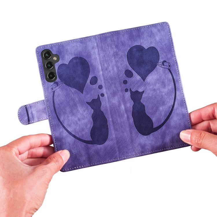 For Samsung Galaxy A26 5G Pen Heart Cat Embossed Leather Phone Case