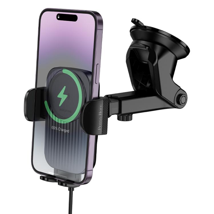 Borofone BH222 Leading Car Center Console Push-type Wireless Fast Charging Holder - Black