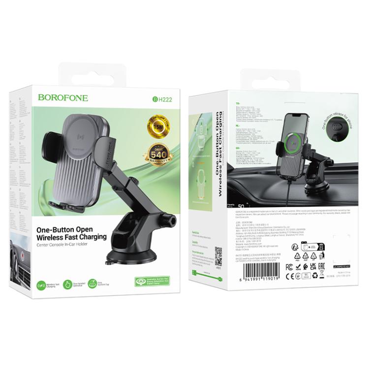 Borofone BH222 Leading Car Center Console Push-type Wireless Fast Charging Holder - Black