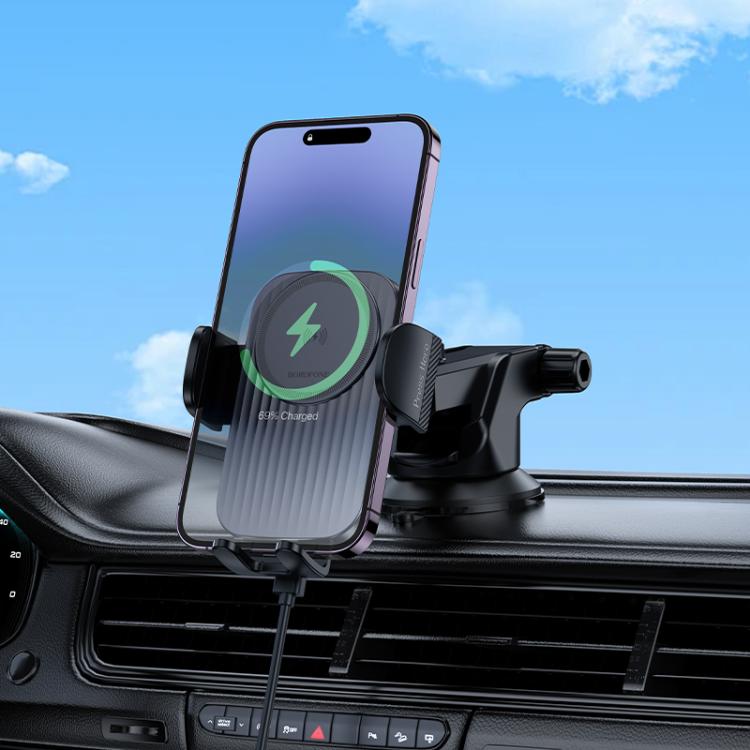 Borofone BH222 Leading Car Center Console Push-type Wireless Fast Charging Holder - Black