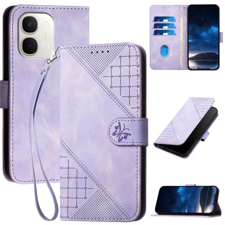 For vivo Y31d 4G Grid Butterfly Embossed Pattern Leather Phone Case with Lanyard