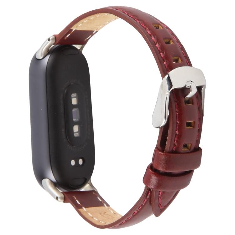 For Xiaomi Smart Band 9 / 8 Silver Metal Connector Genuine Leather Watch Band