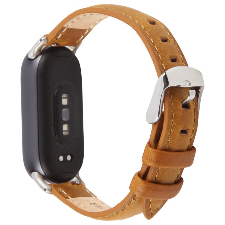 For Xiaomi Smart Band 9 / 8 Silver Metal Connector Genuine Leather Watch Band