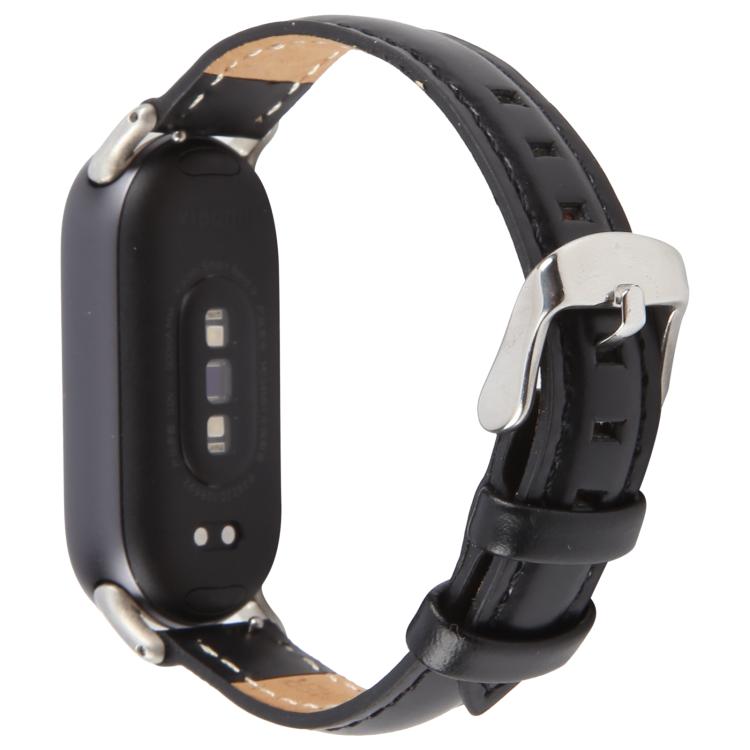 For Xiaomi Smart Band 9 / 8 Silver Metal Connector Genuine Leather Watch Band