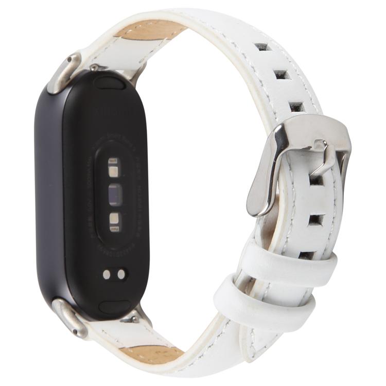 For Xiaomi Smart Band 9 / 8 Silver Metal Connector Genuine Leather Watch Band