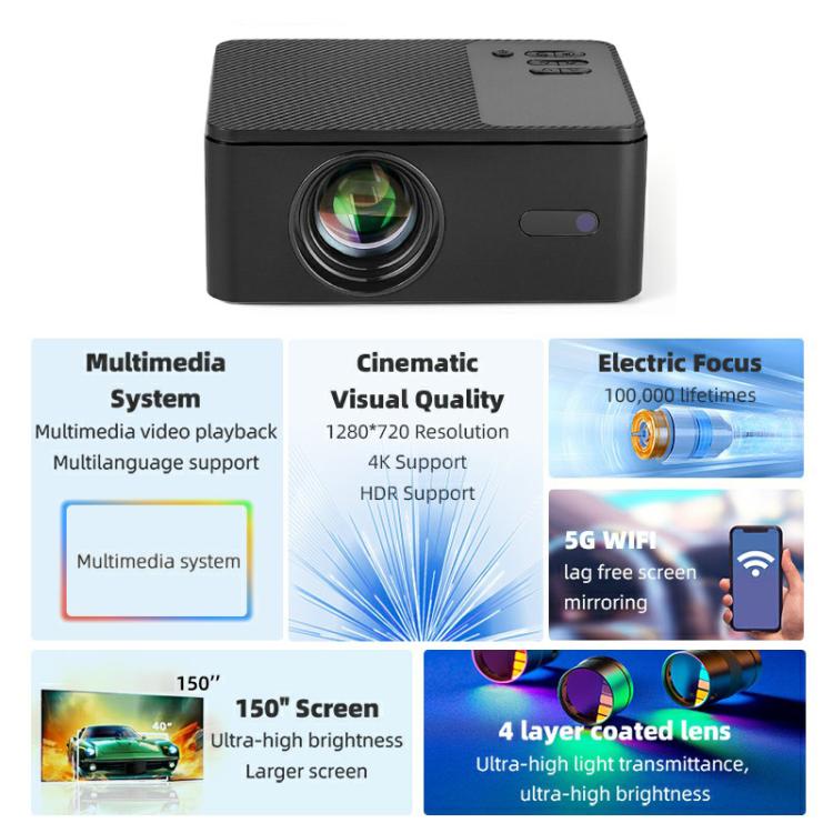 AUN A32 1280x720P 200ANSI D3100 CPU WIFI Display Smart Projector, UK Plug - Black
