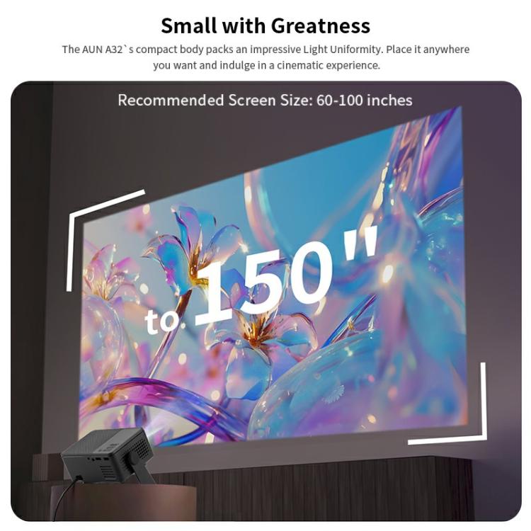 AUN A32 1280x720P 200ANSI D3100 CPU WIFI Display Smart Projector, UK Plug - Black