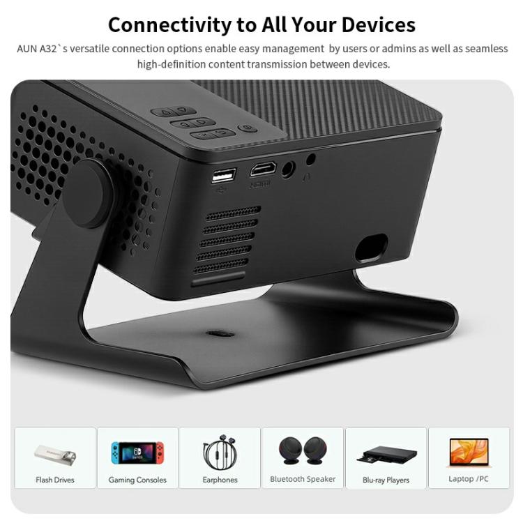 AUN A32 1280x720P 200ANSI D3100 CPU WIFI Display Smart Projector, UK Plug - Black