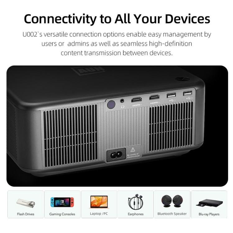 AUN U002 1920x1080P 970ANSI Android 12 Home Theater Smart Projector, UK Plug - Dark Grey