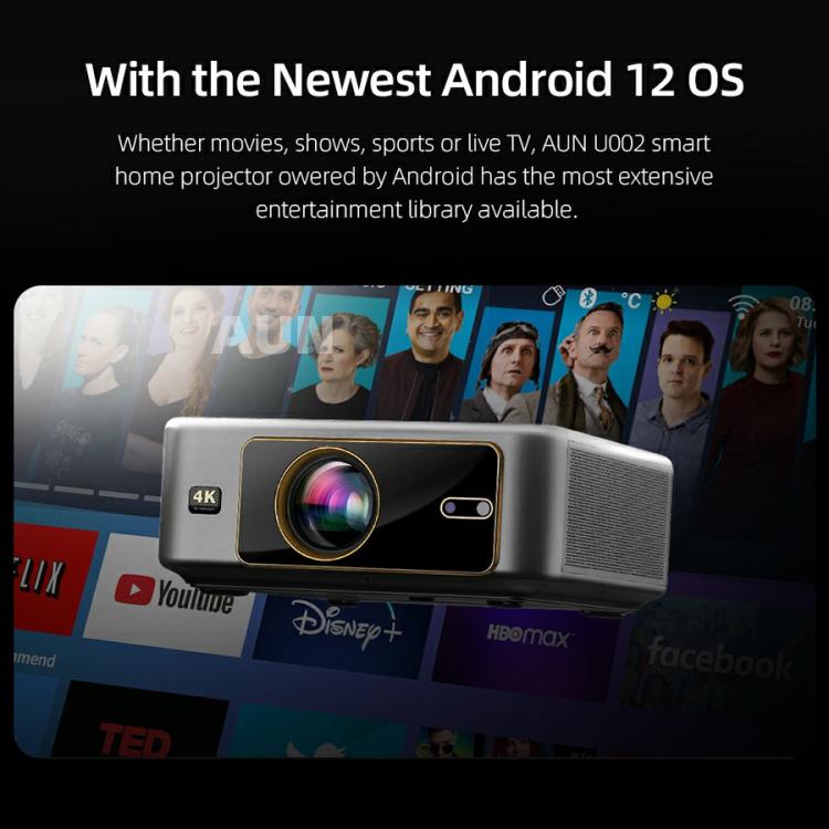 AUN U002 1920x1080P 970ANSI Android 12 Home Theater Smart Projector, UK Plug - Dark Grey