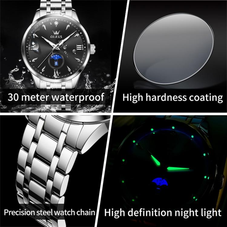 OLEVS 3646 Men Multifunctional Moon Phase Stone Waterproof Quartz Watch