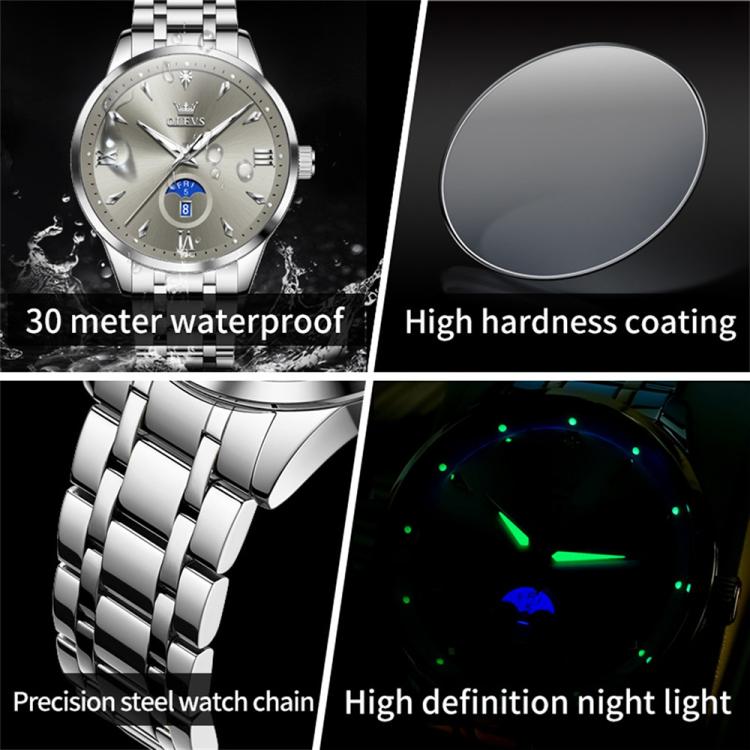 OLEVS 3646 Men Multifunctional Moon Phase Stone Waterproof Quartz Watch