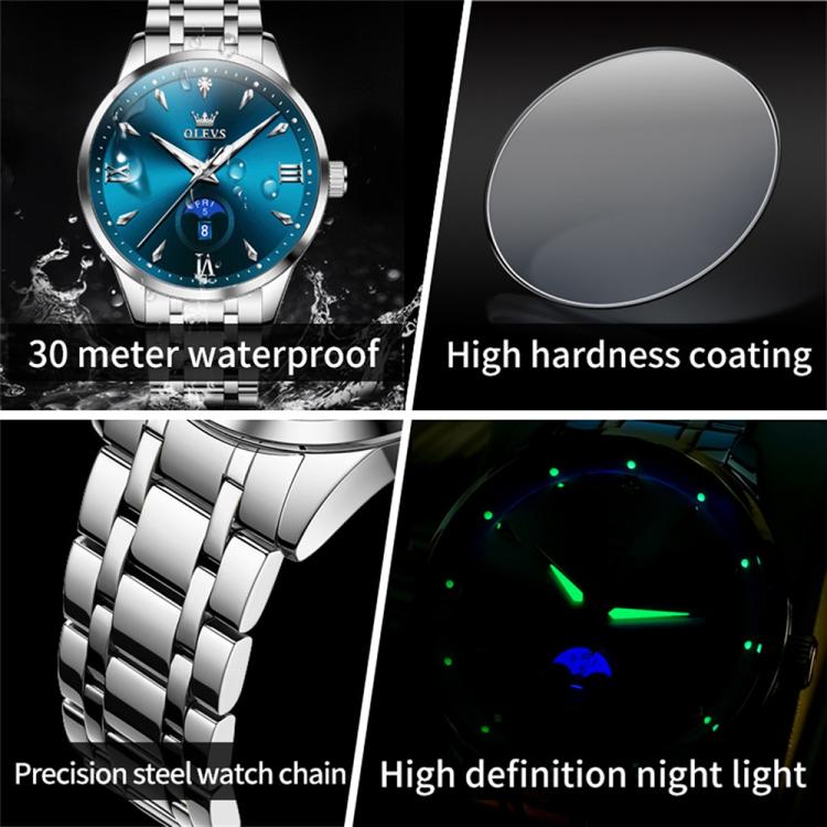 OLEVS 3646 Men Multifunctional Moon Phase Stone Waterproof Quartz Watch