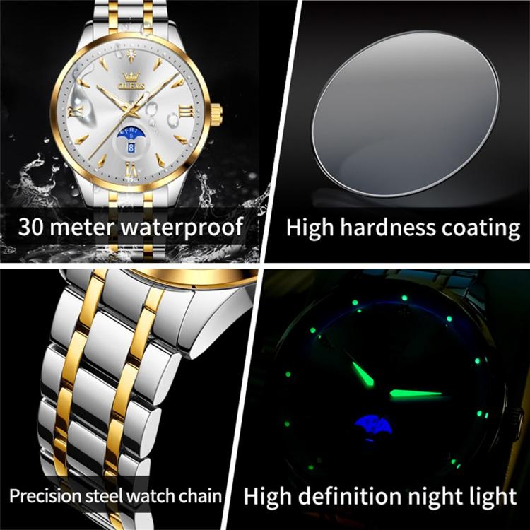 OLEVS 3646 Men Multifunctional Moon Phase Stone Waterproof Quartz Watch