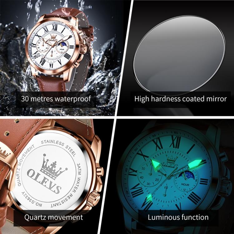 OLEVS 3632 Men Multifunctional Large Dial Luminous Waterproof Quartz Watch