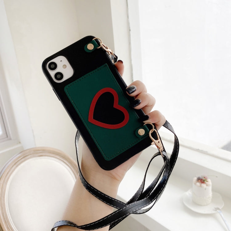 For iPhone 11 Pro Heart Pattern PU + TPU + PC Case with Card Slot & Shoulder Strap
