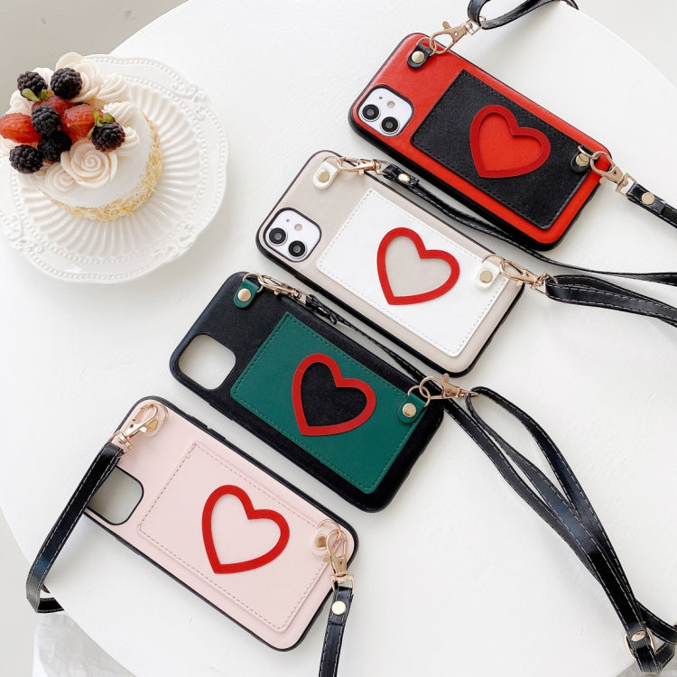 For iPhone 11 Pro Heart Pattern PU + TPU + PC Case with Card Slot & Shoulder Strap