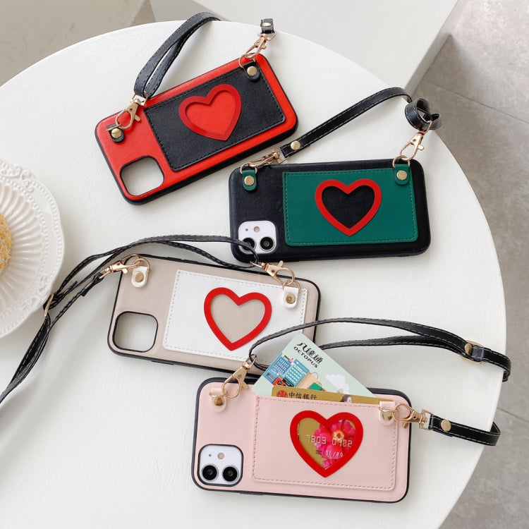 For iPhone 11 Pro Heart Pattern PU + TPU + PC Case with Card Slot & Shoulder Strap