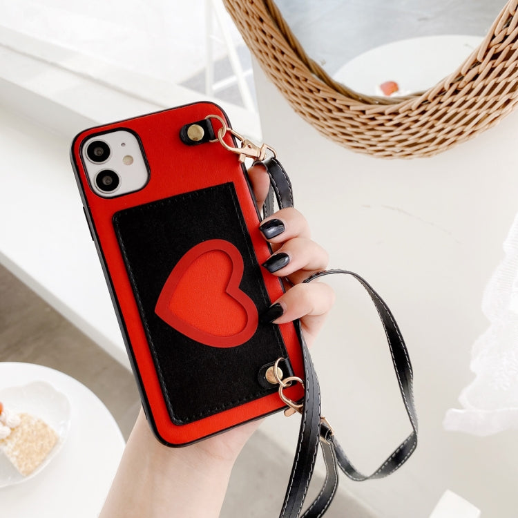 For iPhone 11 Pro For iPhone 11 Heart Pattern PU + TPU + PC Case with Card Slot & Shoulder Strap