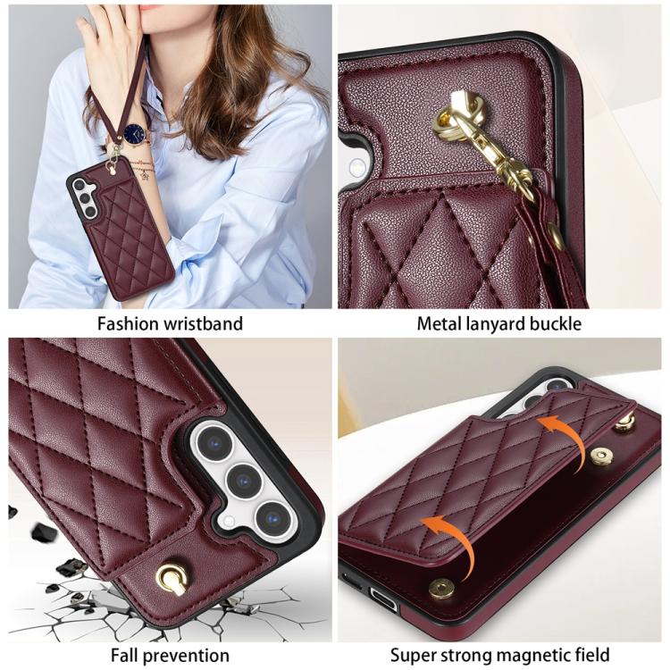 For Samsung Galaxy A15 Rhombic Dual Buckle Card Slots Phone Case with Lanyard