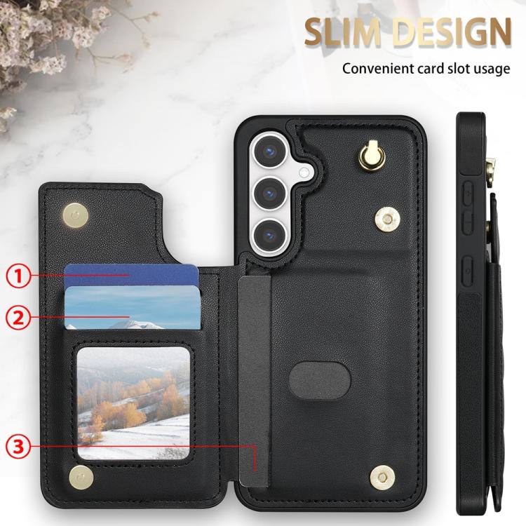 For Samsung Galaxy S25 5G Rhombic Dual Buckle Card Slots Phone Case with Lanyard