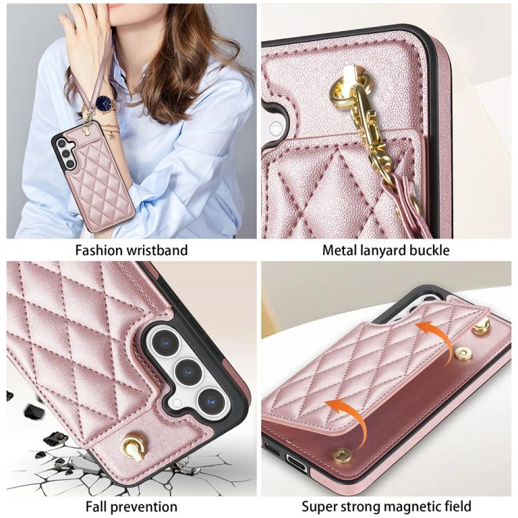 For Samsung Galaxy S25 5G Rhombic Dual Buckle Card Slots Phone Case with Lanyard