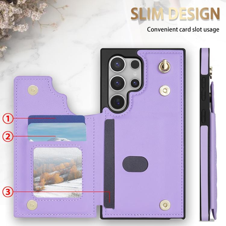 For Samsung Galaxy S24 Ultra 5G Rhombic Dual Buckle Card Slots Phone Case with Lanyard