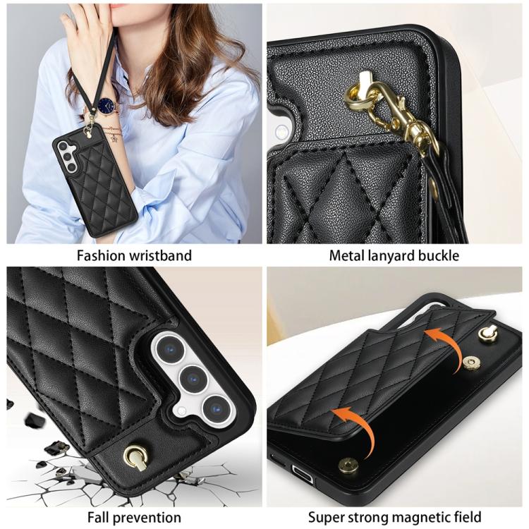 For Samsung Galaxy S24 5G Rhombic Dual Buckle Card Slots Phone Case with Lanyard