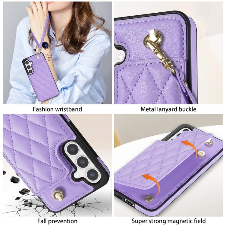 For Samsung Galaxy S24 5G Rhombic Dual Buckle Card Slots Phone Case with Lanyard
