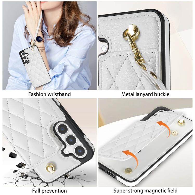 For Samsung Galaxy S24 FE 5G Rhombic Dual Buckle Card Slots Phone Case with Lanyard