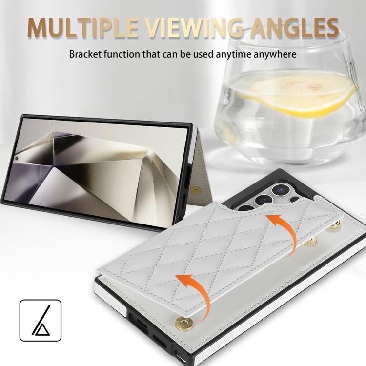 For Samsung Galaxy S23 Ultra 5G Rhombic Dual Buckle Card Slots Phone Case with Lanyard