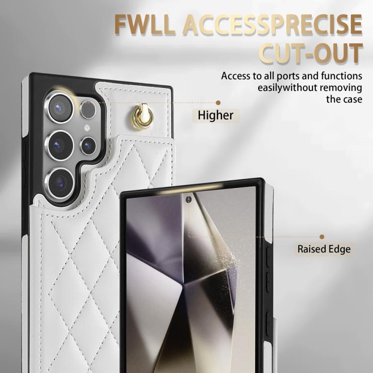 For Samsung Galaxy S23 Ultra 5G Rhombic Dual Buckle Card Slots Phone Case with Lanyard