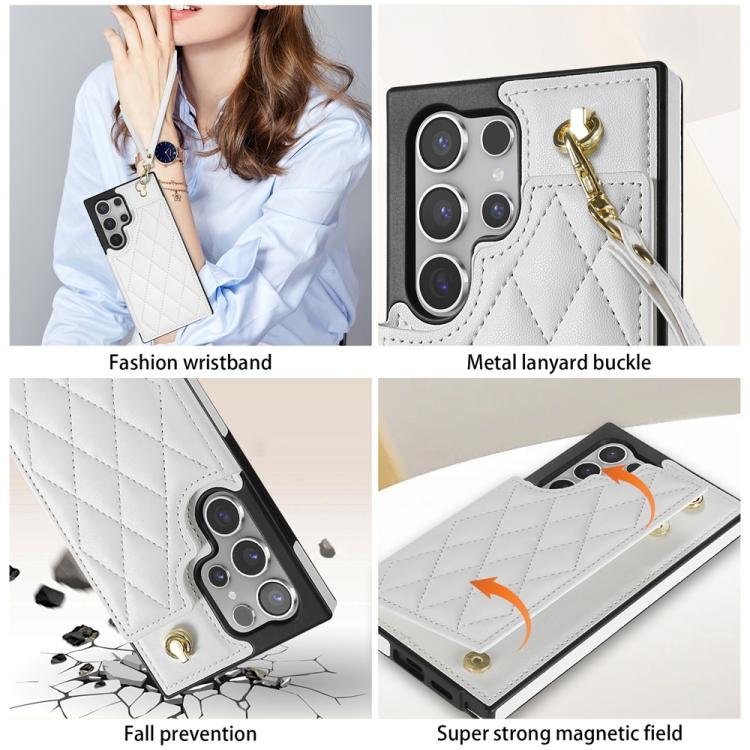 For Samsung Galaxy S23 Ultra 5G Rhombic Dual Buckle Card Slots Phone Case with Lanyard
