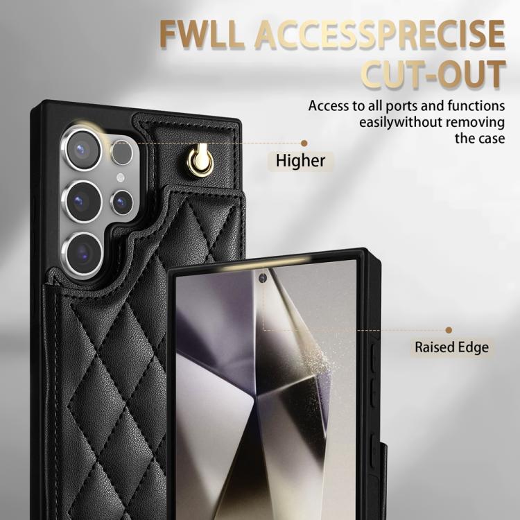 For Samsung Galaxy S23 Ultra 5G Rhombic Dual Buckle Card Slots Phone Case with Lanyard