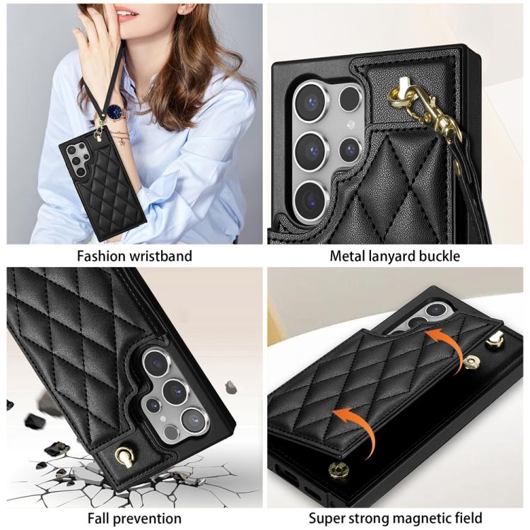 For Samsung Galaxy S23 Ultra 5G Rhombic Dual Buckle Card Slots Phone Case with Lanyard