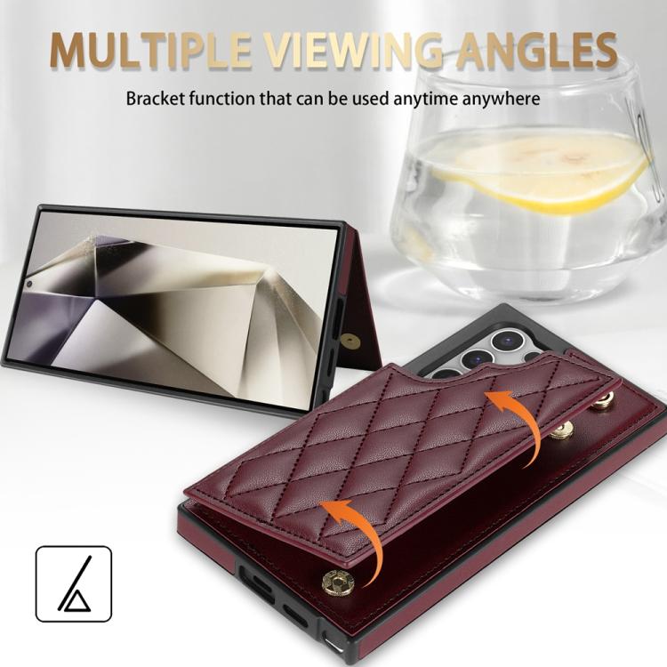 For Samsung Galaxy S23 Ultra 5G Rhombic Dual Buckle Card Slots Phone Case with Lanyard
