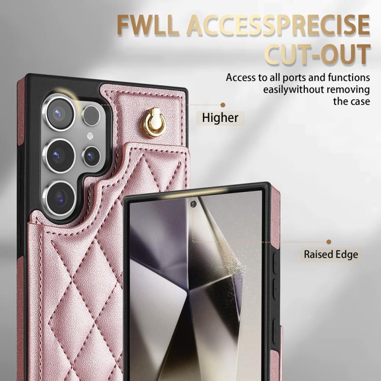 For Samsung Galaxy S23 Ultra 5G Rhombic Dual Buckle Card Slots Phone Case with Lanyard