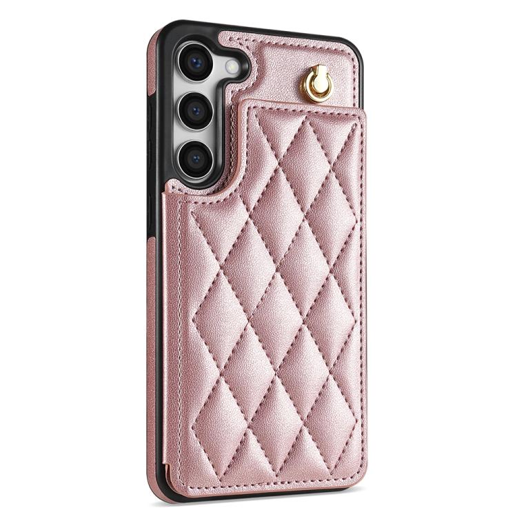 For Samsung Galaxy S23+ 5G Rhombic Dual Buckle Card Slots Phone Case with Lanyard