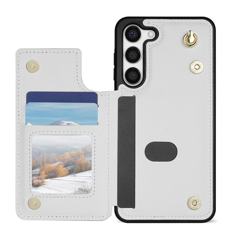 For Samsung Galaxy S23 5G Rhombic Dual Buckle Card Slots Phone Case with Lanyard