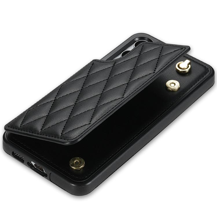 For Samsung Galaxy S23 5G Rhombic Dual Buckle Card Slots Phone Case with Lanyard