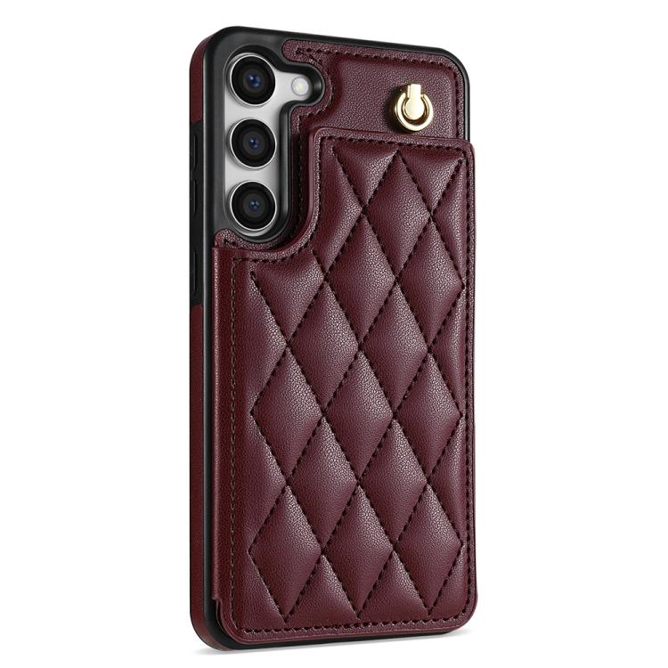 For Samsung Galaxy S23 5G Rhombic Dual Buckle Card Slots Phone Case with Lanyard