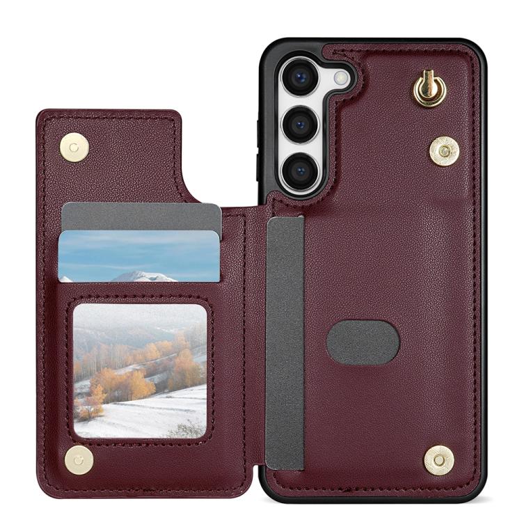 For Samsung Galaxy S23 5G Rhombic Dual Buckle Card Slots Phone Case with Lanyard