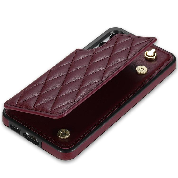 For Samsung Galaxy S23 5G Rhombic Dual Buckle Card Slots Phone Case with Lanyard