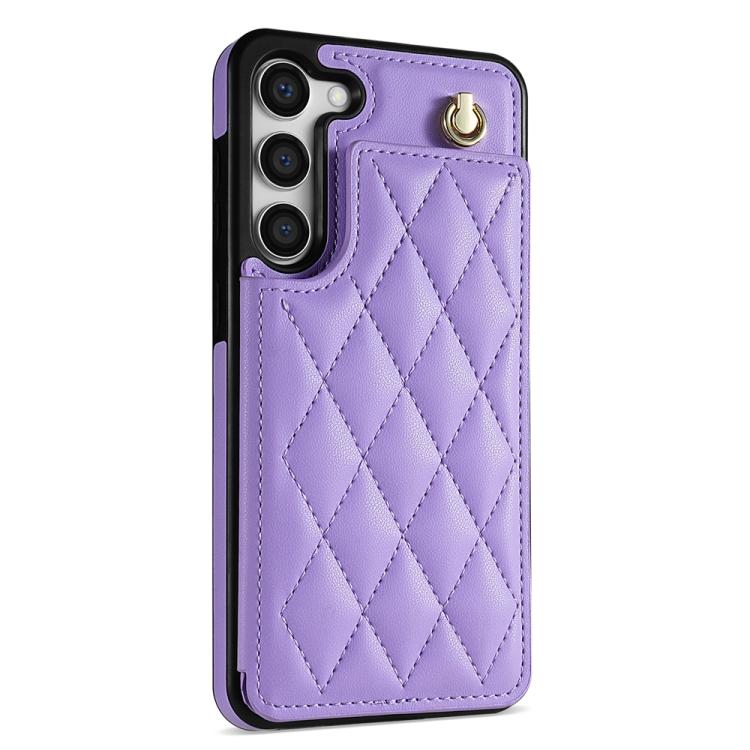For Samsung Galaxy S23 5G Rhombic Dual Buckle Card Slots Phone Case with Lanyard