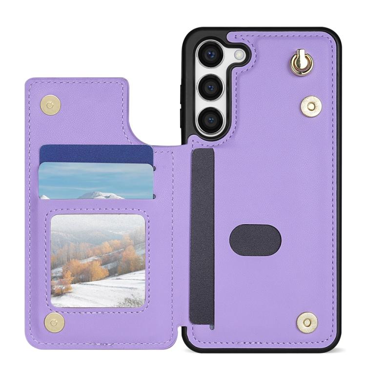 For Samsung Galaxy S23 5G Rhombic Dual Buckle Card Slots Phone Case with Lanyard