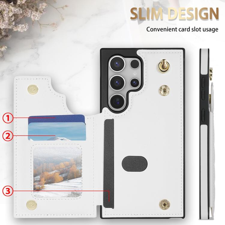 For Samsung Galaxy S22 Ultra 5G Rhombic Dual Buckle Card Slots Phone Case with Lanyard