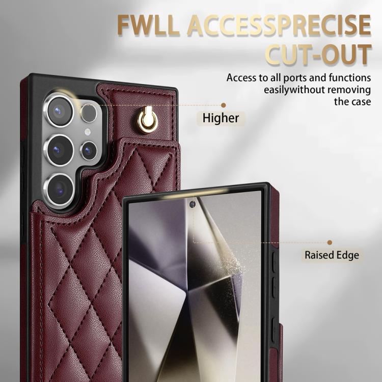 For Samsung Galaxy S22 Ultra 5G Rhombic Dual Buckle Card Slots Phone Case with Lanyard