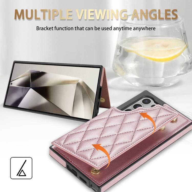 For Samsung Galaxy S22 Ultra 5G Rhombic Dual Buckle Card Slots Phone Case with Lanyard